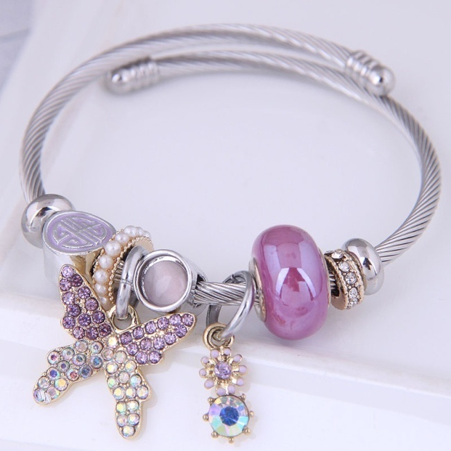 EMC Mercantile - Bracelet Crystal Purple Butterfly Charms Silvertone